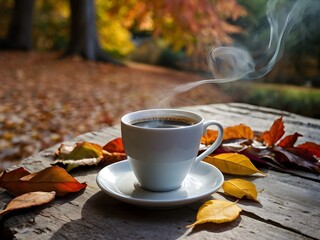 Steaming Coffee Cup Outdoors on a Wooden Table in Colorful Autumn Setting