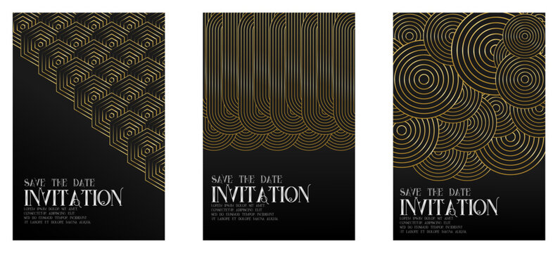 Elegant Luxury invitation Card frame art deco flyer, template set. Golden geometric gradient on dark background. Premium design for gala, grand opening, party invitation, layout.	