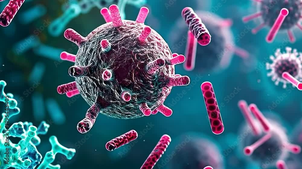 Poster detailed view of a virus, showcasing its structure and features.