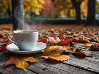 Steaming Coffee Cup on Wooden Table Amid Autumn Leaves