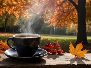 Steaming Coffee Cup on Wooden Table in Autumn Leaves Outdoors