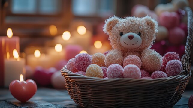 A creative Valentine's gifting idea with a basket full of sweets, candles, and a miniature teddy bear.
