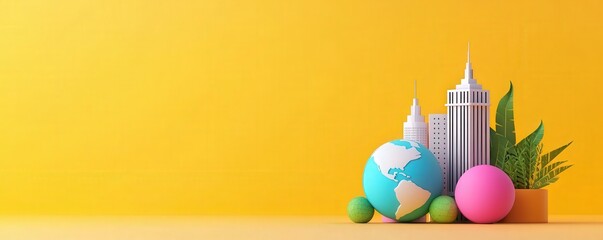 Naklejka premium Colorful 3D Cityscape with Globe and Green Plants on Yellow Background