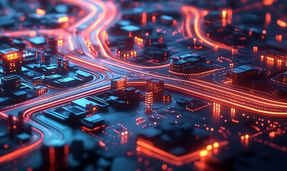 A complex 3D map with neon outlines of a city's transportation system