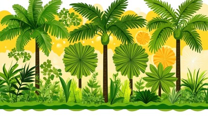 Obraz premium Lush tropical palm trees and vibrant foliage border.