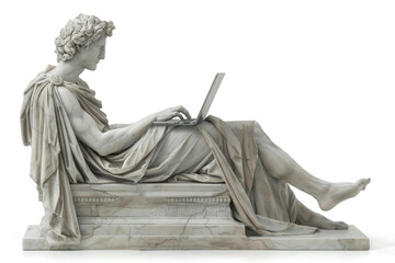 Marble statue of an ancient Greek philosopher seated with a marbler laptop open