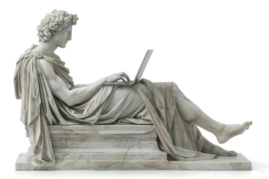 Marble statue of an ancient Greek philosopher seated with a marbler laptop open