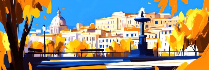 Autumnal cityscape with a fountain and dome.