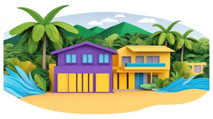 Obraz premium Two colorful beach houses nestled amongst lush tropical foliage and ocean waves.
