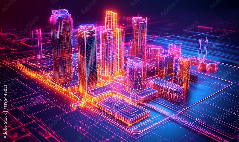 Poster a layered 3d blueprint showing different stages of urban development