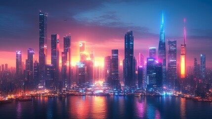 Obraz premium Futuristic smart city with skyscrapers, clean energy sources, modern public transport, advanced urban design 