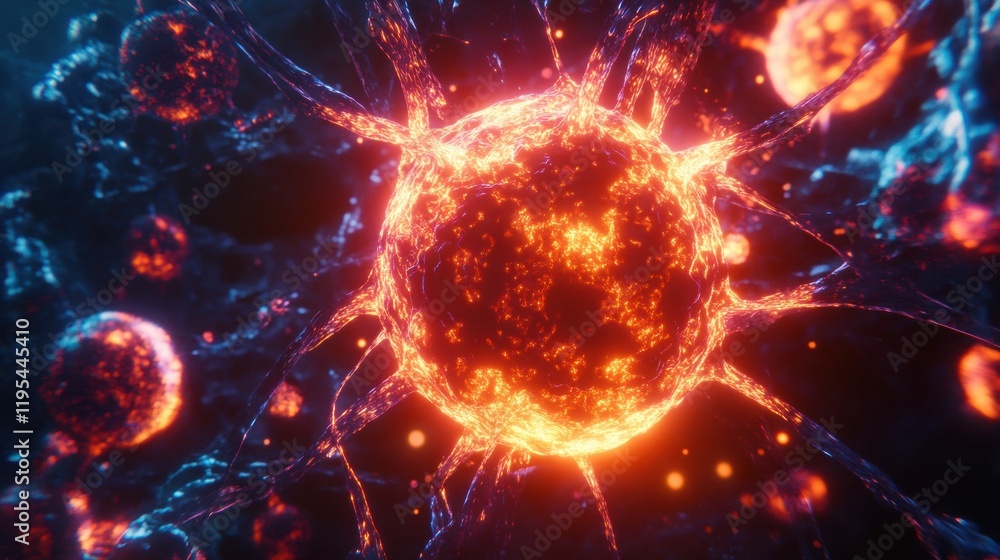 Poster glowing cell surrounded by hostile viruses in a dark environment showcasing biological conflict. gen
