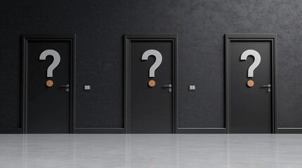 A sleek modern interior with black doors adorned with question marks, set against a textured black wall and polished white floors.