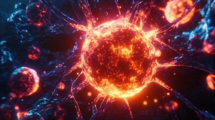 Glowing cell surrounded by hostile viruses in a dark environment showcasing biological conflict. Generative AI