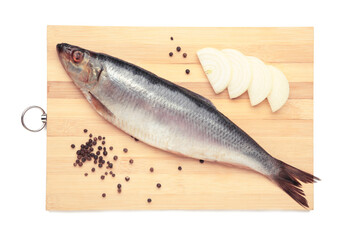 Fresh herring fish on cutting board isolated on white background
