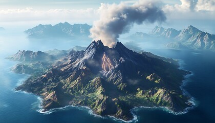 A volcanic island with rugged terrain and smoke gently rising from its peak