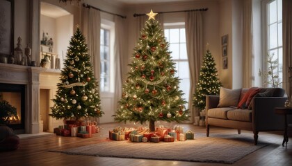 A festive Christmas tree with sparkling lights and ornaments in a beautifully decorated living room, festive atmosphere, holiday decor, holly berries