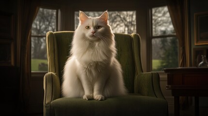 Majestic white longhair cat sitting elegantly in a green armchair by a window.