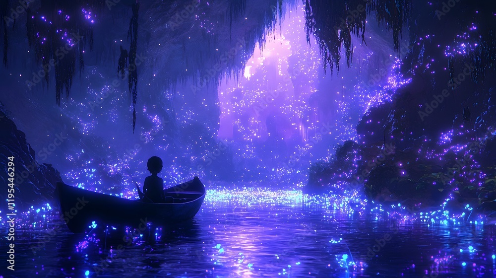 Poster a child sitting in a 3d boat floating through a glowing cavern, as 2d bioluminescent plants light up