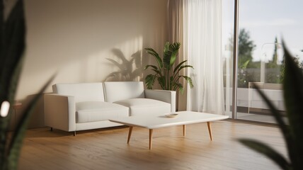 A stylish living room with a white couch and coffee table