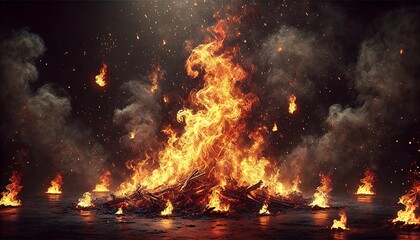 Fototapeta premium An expansive and dramatic scene featuring fire and flames dominating a dark environment. The flames are highly detailed, with vivid tones of red, orange
