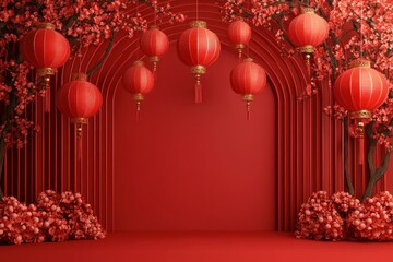 Vibrant Red Decorative Backdrop with Lanterns