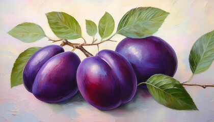 painting of fresh purple plums with green leaves on light textured background