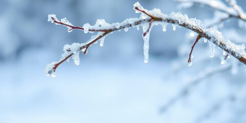 A frozen winter branch with ice crystals, cold, ice crystals, icy