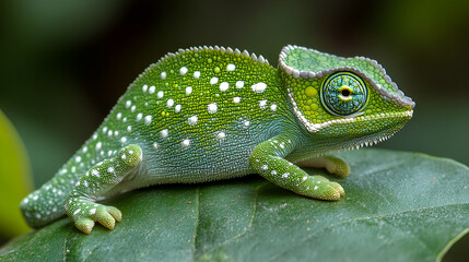 Fototapeta premium a detailed closeup of a chameleon blending into a green color ai 