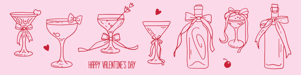 Girly pink cocktail glasses set. Vintage victorian cute coquette style elements collection. Vintage Cocktail, champagne glasses, wine bottels with bow ribbon. Birthday, wedding design. Linear vector