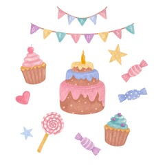 Birthday clipart . Watercolor style. Set, collection.Birthday cake, candy, cupcake, heart, star.Hand painted illustration isolated on white background.Greeting cards design, poster, print party invita