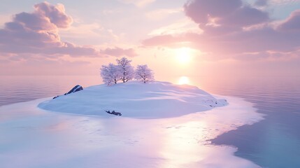 A winter island coated in white snow, surrounded by frozen waters under a soft pastel sunset