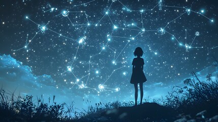 Fototapeta premium A girl standing on a 3D hilltop under a moonlit sky, as 2D glowing constellations form magical creatures in the stars
