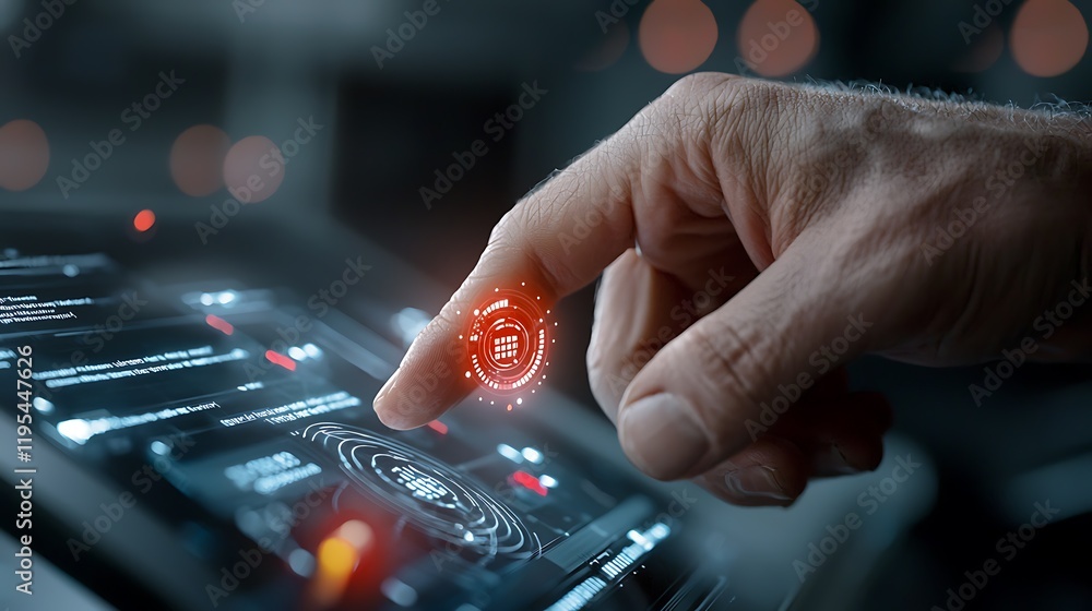 Poster a robotic or cyborg hand reaching out and interacting with a sleek futuristic holographic interface 