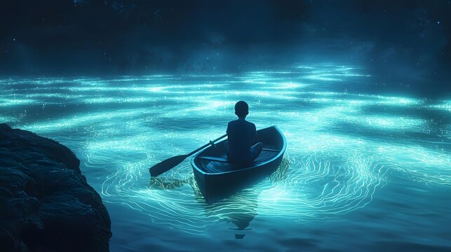 A boy sitting on a 3D rowboat in a glowing lake, as 2D animated ripples create luminous shapes in the water