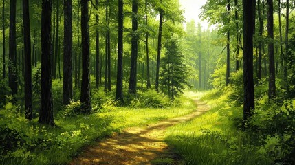 Obraz premium Sunlit Path Through a Lush Green Forest