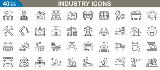 Industry line icons set. Related construction, technology, energy, and more. Vector illustration collection representing diverse sectors and professions.