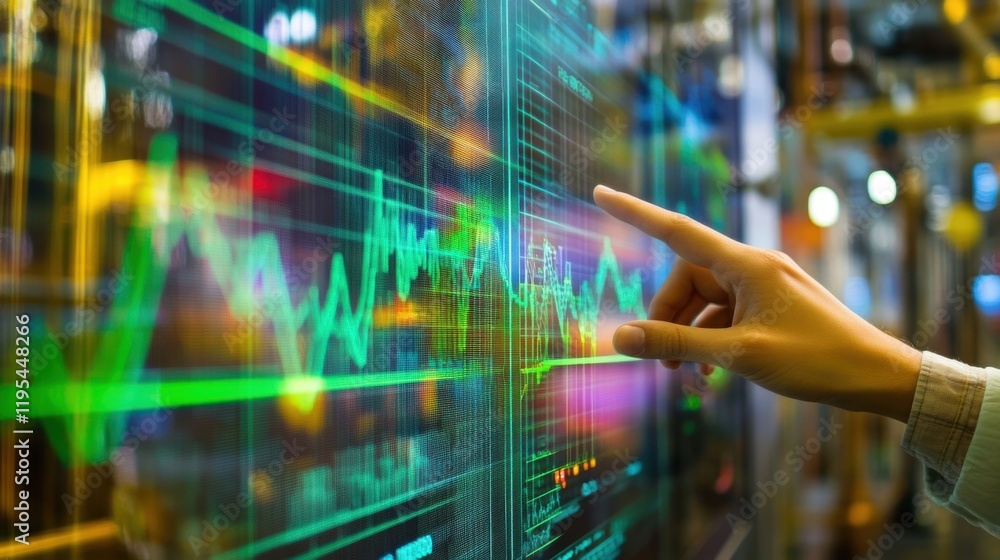 Poster an engineers hand indicating a spike in productivity on a colorful line graph with digital overlays 