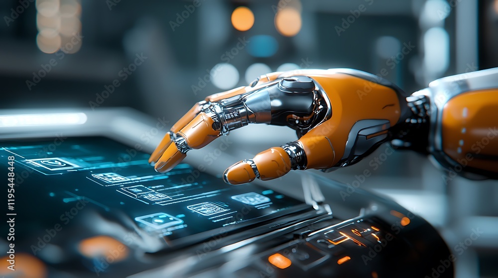 Poster advanced ai powered robot interacting with a futuristic holographic console showcasing the latest ad