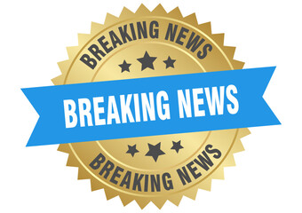 breaking news. breaking news round blue and gold label isolated on transparent background