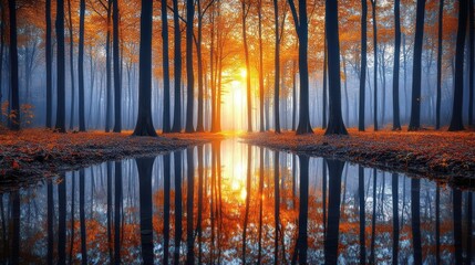 Autumn sunset reflected in forest stream.