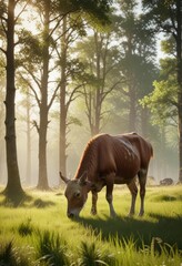 A grazing animal eating grass in a sunlit field with tall trees behind it, rural scenery, natural scenery, cows