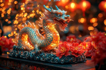 Obraz premium Intricate Dragon Sculpture Illuminated Among Vibrant Flowers and Lanterns Creating a Festive Atmosphere for Celebrations and Cultural Festivals