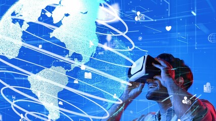Excited man looking global connection hologram by using VR glasses. Skilled investor checking and looking at global communication and networking network connection holographic. Technology. Apparatus.