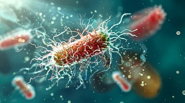Microscopic view of a vibrant bacterium in a dynamic environment.