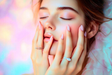 Fototapeta premium Woman Touching Face with Delicate Hands