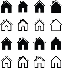 Collection home icons. Set of real estate objects and houses black icons isolated on white background. Vector illustration.