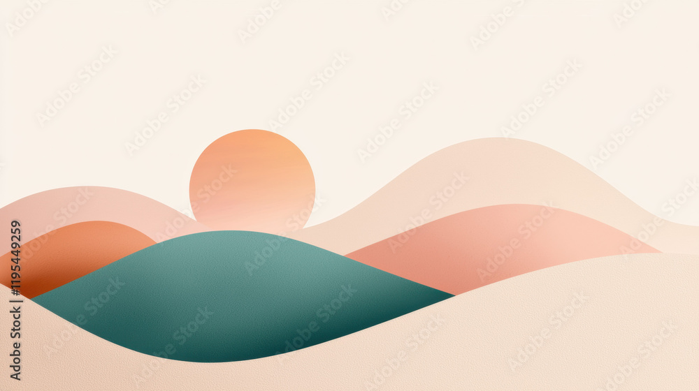 Poster soft pastel landscape with rolling hills and warm sun setting in background, creating serene and cal