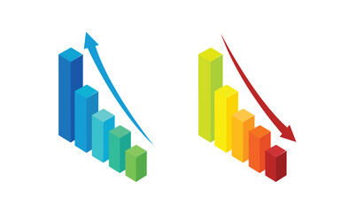 Set of isometric vector illustration isolated on white background, magnifier and chart with up and down arrow, business analytics and financial growth