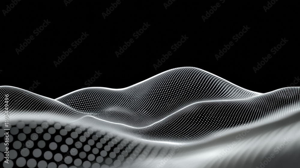 Aufkleber Smooth flowing waves of white dots create mesmerizing abstract pattern on dark background, evoking sense of depth and movement